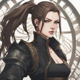 A portrait view of an arrogant-looking young woman with pale skin and long brown hair pulled up in a single, straight ponytail. She is wearing a black, sleeveless crop top. An air of malevolent power surrounds her. Anime Style, High Definition, Greg Rutkowski, 8k resolution, intricate details