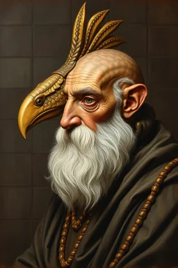 master oil painting by Rembrandt, realistic rendering Portrait of the Apkallu sage who were sent by the god Ea to teach civilization to humanity before the flood. They were depicted as half-human and half-fish or bird, and were associated with wisdom, magic, and culture. blurred tile pattern background, brightened edges to give a sense of depth