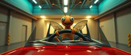 car driving happy 2d insect anime man in the style of Escher and Giger and Fallout 4, pinhole cam, airbrush 3d rendering, on tv screen:A five-second cinematic single take in a clean industrial presentation hall.