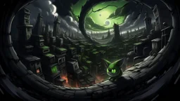 Highly detailed medium shot of Gardevoir creating a black hole in a city, darkness, clouds, fantasy, epic, ruble, ruins, pokemon