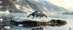 airbrush 3d rendering, close up chrome centipede lobster space ship on small frozen island in lake, pinhole cam, background motion blur