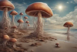 Standing on a beach of an alien world, mushrooms with jellyfish tentacles in the sky, photorealistic, Deep Colour, Fantastical, Intricate Detail, sunshine