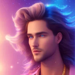 beautiful young cosmic man, long hair amazing blue eyes, happy cosmic, bright colors, blue, pink, gold, jewels, realistic, photo real, clear background, highly detailed, high contrast, 8k high definition, unreal engine 5, extremely sharp detail, light effect, sunny light background
