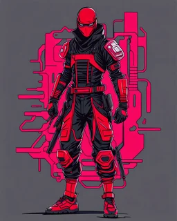 dibujo de contorno de un Ninja negro y rojo con traje cyberpunk, full body