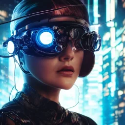 a television screen in background with wires connected to cyberpunk futuristic helmet and goggles on woman's head and face, close up, 8k resolution, high-quality, fine-detail, intricate, digital art, detailed matte, volumetric lighting, baroque, illustration, octane render, brian froud, howard lyon, selina french, George Grie, Ben Goossens, Igor Morski