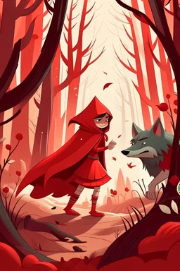 Crear una imagen del cuento de caperucita roja, que represente el momento donde caperucita se encuentra con el lobo en el bosque, con el estilo de caricaturas