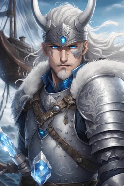 warrior in anime style, with blue eyes wearing silver Vikings armor with a blue crystal on his chest with a battle axe on the pirate ship, anime, anime style