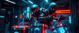 cyberpunk imagery synchronized mechanical drumming flickering stable core
