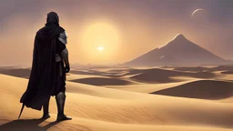 [young Arabian warrior in cape] The twin suns dipped low on the horizon as Tarren Dustwalker stood guard over the dunes, inky flesh shifting in the dying light. He is the last guardian of Tatooine now, all the other Defenders have fallen in the last few months. Tarren's tattoo is a witness that he has been guarding his loneliness here for a long time. His sharp eyes scanned every grain of sand, searching for any threat posed by the fading wind. One hand rested lightly on the worn handle of his a