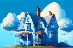 House illustration, realistic, detailed, illustrative, childrenbook style, Blue house, sky