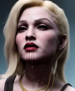 Night, Young Madonna, blonde, long line eye, pretty cyber woman, Led lights, cold ambient, latex, cables, purpurin, black, gold, piercings, brown, circuits, neon style, fog, rain, vibrant color, highly detailed, art stations, concept art, smooth, unreal engine 5, god rays, ray tracing, RTX, lumen lighting, ultra detail, volumetric lighting, 3d, finely drawn, high definition, high resolution.