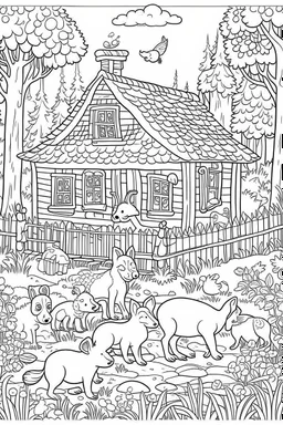 A cute cozy woodland cabin surrounded by peaceful animals, Coloring page for kids, cartoon style, thick outline, low details, no shading, no color