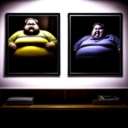 (fineart:1.5, masterpiece1.5) (realism:1.5) award winning picture of award winning fat, beardedd, 'fat man' (watching tv:1.8), tv in frame , two panels, pov of the tv, pov of 'fat man'