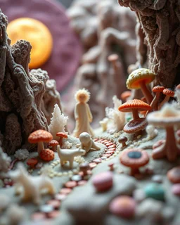 Close-up photograph of detailed creepy landscape made of cake-frosting and felt, crystallizations, hyper detailed human figure, animals, crystallized plants, fungi, crystals, mineral concretions, sun, Amano, Roger Dean, strong texture, Ernst Haekel, extreme detail, intricate, colours, Max Ernst, Sam Raimi, rich moody colors, sparkles, octane render, bokeh, 33mm photography