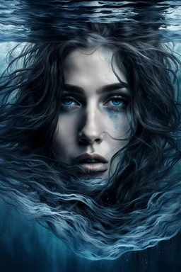 matte painting of a woman's face under of the water, close-up, sad, peaceful, beautiful, long messy hair, minimal colors, black, white, blue and silver, paint strokes, insanely detailed, detailed matte painting, deep colors, intricate detail, complementary colors, mystic, fog, shadows, dark mood, surreal style