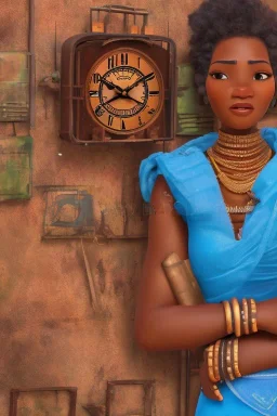 african portrait in rusted clocks, clock face, rust, scaffolding, ghana colours, cyberpunk, high detail