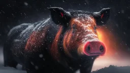 Gorgeous black yellow sabre tooth pig with glowing red eyes in a snow storm at night