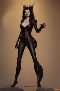 Geena Davis as evil queen in black leather, leather, busty, cleavage, angry, rage, stern look. character design by cory loftis, fenghua zhong, ryohei hase, ismail inceoglu and ruan jia. unreal engine 5, artistic lighting, highly detailed, photorealistic, fantasy