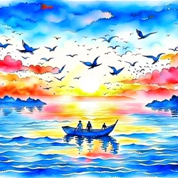 watercolor landscape view for ocean at the sunset and birds are flying in a blue sky and a small boat in the water