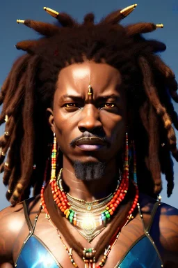African warrior, dreadlocks, colorful beads in hair, ominous, dnd character portrait, waist up portrait, intricate, oil on canvas, masterpiece, expert, insanely detailed, 4k resolution, retroanime style, cute big circular reflective eyes, cinematic smooth, intricate detail , soft smooth lighting, vibrant colors, hokusai style arm sleeve tatoo