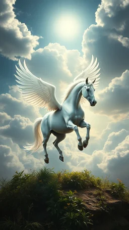 A very beautiful all shiny white horse with wings flying in the cloudy sky above the plant earth , Bosch nightmares style painting, 4k, very hood quality picture