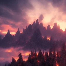 red cloudy dark sky, big sun, smoke rising, data 2 cartoon style, cloudy mountains, unreal engine 5, artistic lighting, highly detailed, photorealistic, fantasy