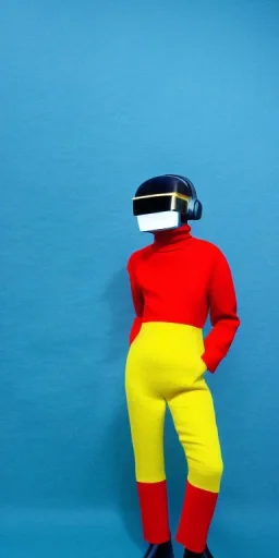 Photo Asian, thick thigh, thick calves. Draw Square blocks of colors in 2023 in background! Futurism, 90's, daft punk , turtle neck, Print figures of different plants.Mantle is sewed of recycled Denim and sewed together felt pieces and airy, big turtleneck.Big headphones, with gold rings, is merged with small felt cap with small visor. A bag is integrated to the mantle. Big camouflage Patterns are composed of orange, cream, cobalt blue, lilac and purple and warm colours. BAGGY LATEX.