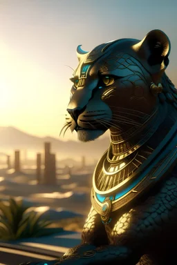 Create a Photoreal Gorgeous Photoreal Photoreal Gorgeous godking of the jaguar tabaxi humanoids looking over a futuristic desert city on the horizon in mystical haze at golden hour , otherworldly creature, in the style of fantasy movies, photorealistic, bokeh masterpiece smooth shading, ultra detailed, high resolution, cinematic, unreal 6, subtle shadows, octane render, 8k, cinema 4d, HDR, dust effect, vivid colors, bokeh masterpiece smooth shading, ultra detailed, high resolution, cinematic,