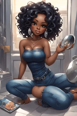 Create a futurism magna art of a black chibi curvy female sitting on the floor looking at herself in a hand mirror. She is wearing tight blue jeans and a black off the shoulder blouse. Prominent make up with lush lashes. Highly detailed long wavy hair. She is also wearing silver large hoop earringsart of a black chibi curvy female sitting on the floor looking at her cell phone. She is wearing tight blue jeans and a black off the shoulder blouse. Prominent make up with lush lashes.