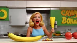 [1960’s stop-motion animation style in kitchen: she takes the banana in her mouth] a 70s banana advertisement video TV featuring the hungry jungle blonde woman. she brings a big banana to eat in her mouth to satisfy her appetite, she is happy as a claymation character toy from a claymation horror movie in burning rainbow land, from hell, creepy Videos, eyeballs and jungle fruits everywhere , as old advertisement shot on video VHS