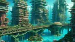 A sprawling metropolis built from living coral structures, the residents, a race of genetic engineers, have bred aquatic beings with intricate architecture, resulting in a city that grows and evolves over time.