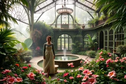 Victorian green open house overtaken by jungle,with smal natural pool in center exotic birds nesting in iron rafters, morning mist, lost paradise atmosphere,a pretty model lady in victorian clothing walking in flowers to camera that capture closeup full body shot of her majesty.