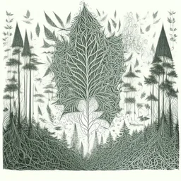 Sketch a composition where intricate smoke patterns transform into a forest of towering trees made entirely of crushed weed leaves, filling the canvas with a surreal and visually captivating asymmetrical patterns. Pencil sketch Drawing