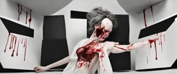 a faceless woman covered in blood holding up a black rectangular box