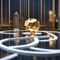 golden spher with crystal Dodecahedrons inside , which reflects the modern city environment in modern city escape , transforms into array of crystal cubes.