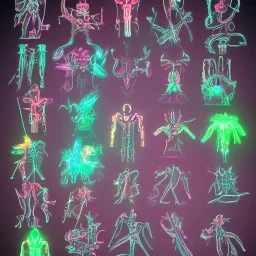 Futuristic, Neon, crystal, skeleton, samurai, smoke, glass, fire, water, multiple arms