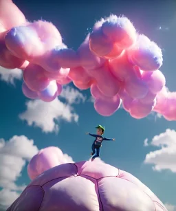 Ultra realistic clouds sky scene, wide angle, medium shot view, portrait, sweet Childs, free jumping flying, trinkets, monster hair, jelly beans, balls, smile, happy, Peter Pan style, inflatable color clothing, extreme, wind, clouds sea, 20,000 feet altitude, stratosphere, soft color, highly detailed, unreal engine 5, ray tracing, RTX, lumen lighting, ultra detail, volumetric lighting, 3d, finely drawn, high definition, high resolution.