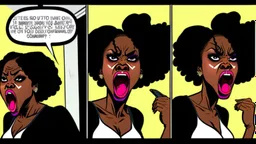 2 panels: one with an angry black lady screams on phone