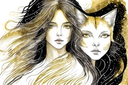 long haired woman with cat, white watercolor and black ink, golden glitters