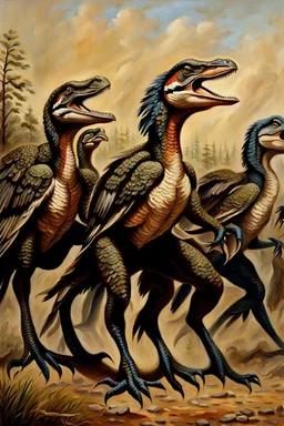 Velociraptors participating in US Civil War. Oil painting.