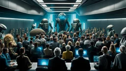 photo from the futuristic waiting room of a studio, a large crowd waits in a giant room. the aliens mutant humans, strange fantastical creatures, droids, and a few human-like beings of all sizes, colors, shaped and looks, stand in the crowd. high detalied, sharp focus, photorealistic, sci-fi style Professional photography, bokeh, natural lighting, canon lens, shot on dslr 64 megapixels , hd