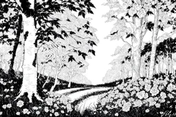 black and white line sketch of wild roses in the woods