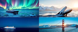 Epic expedition collage, four equal panels arranged in a 2x2 grid, connected by a thin red route line across the image. Top left: Russian Arctic coast, powerful expedition ship navigating sea ice beneath colorful aurora, polar bears on ice floes, dramatic polar light. Top right: Alaska wilderness, humpback whales breaching in front of snow-covered mountains and glaciers, crystal-clear water, golden sunlight. Bottom left: California coast, expedition vessel sailing beneath the Golden Gate Bridge
