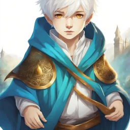 Fantasy World, A boy only wearing a closed wizards robe, and wearing a wizards hat. White Hair. Golden Eyes