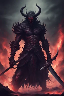 dark dreadful swordsman humanoid demon monster beast, hell in background