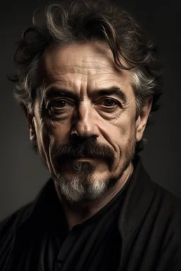 portrait of a man in his fifties, dark goatee, salt and pepper hair, charming, similar to Robert Downey Junior, Caravaggio style