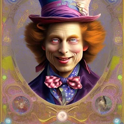 "Mad Hatter" book young man character of "Alice in the wonderland", elegant,sarcastic smile,big top hat.style by Disney,Chie Yoshii,alphonse mucha,earnst haeckel,james jean.