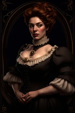 warm but stern aunty victorian era, posh british accent influenced, high born facial features dnd character on a solid black background, full body image, high quality realistic.