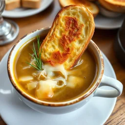 Prompt: "Sopa de Cebola à Portuguesa, a Portuguese onion soup with toasted bread and melted cheese. Shot in full view 8k resolution, showing the golden-brown cheese crust and rich broth."