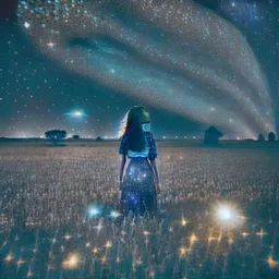 a young woman in field at night with lots of stars, looking at a UFO photo style